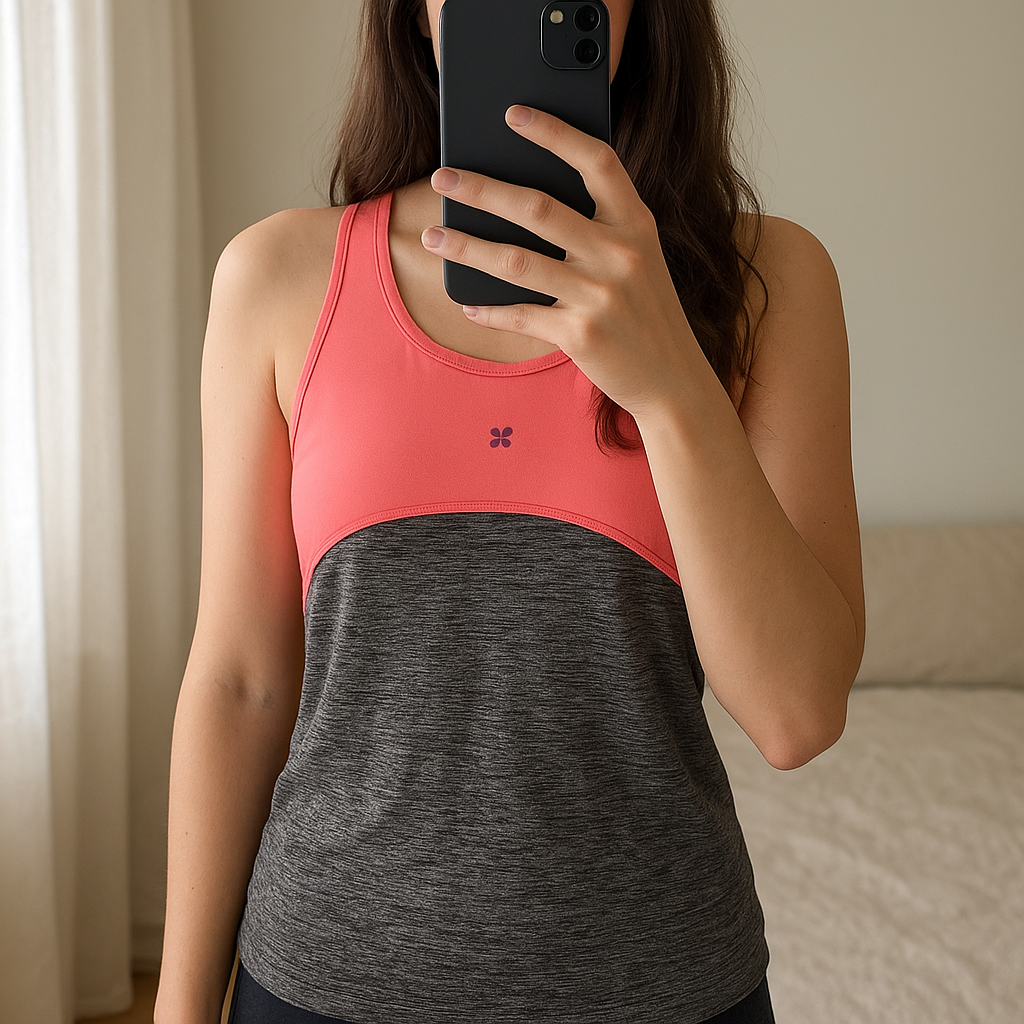 Active. Top. By sweatty betty standing straight facing the camera, in a softly lit bedroom setting, with gentle natural light filtering through a window.