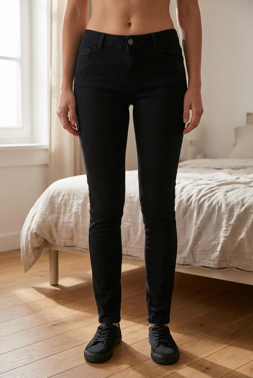 Pantalon skinny noir Pimkie debout, face à la caméra, dans une chambre à la lumière douce, avec une lumière naturelle filtrant par la fenêtre.