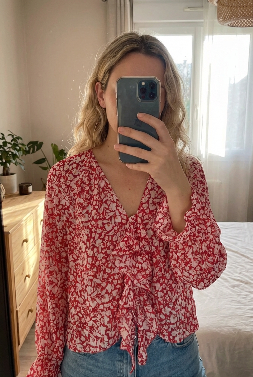 Blouse Zara 🍁 debout, face à la caméra, dans une chambre à la lumière douce, avec une lumière naturelle filtrant par la fenêtre.