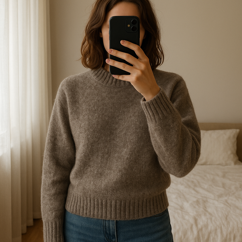 Pull COS en Alpaga, très bon état, taille XS debout, face à la caméra, dans une chambre à la lumière douce, avec une lumière naturelle filtrant par la fenêtre.