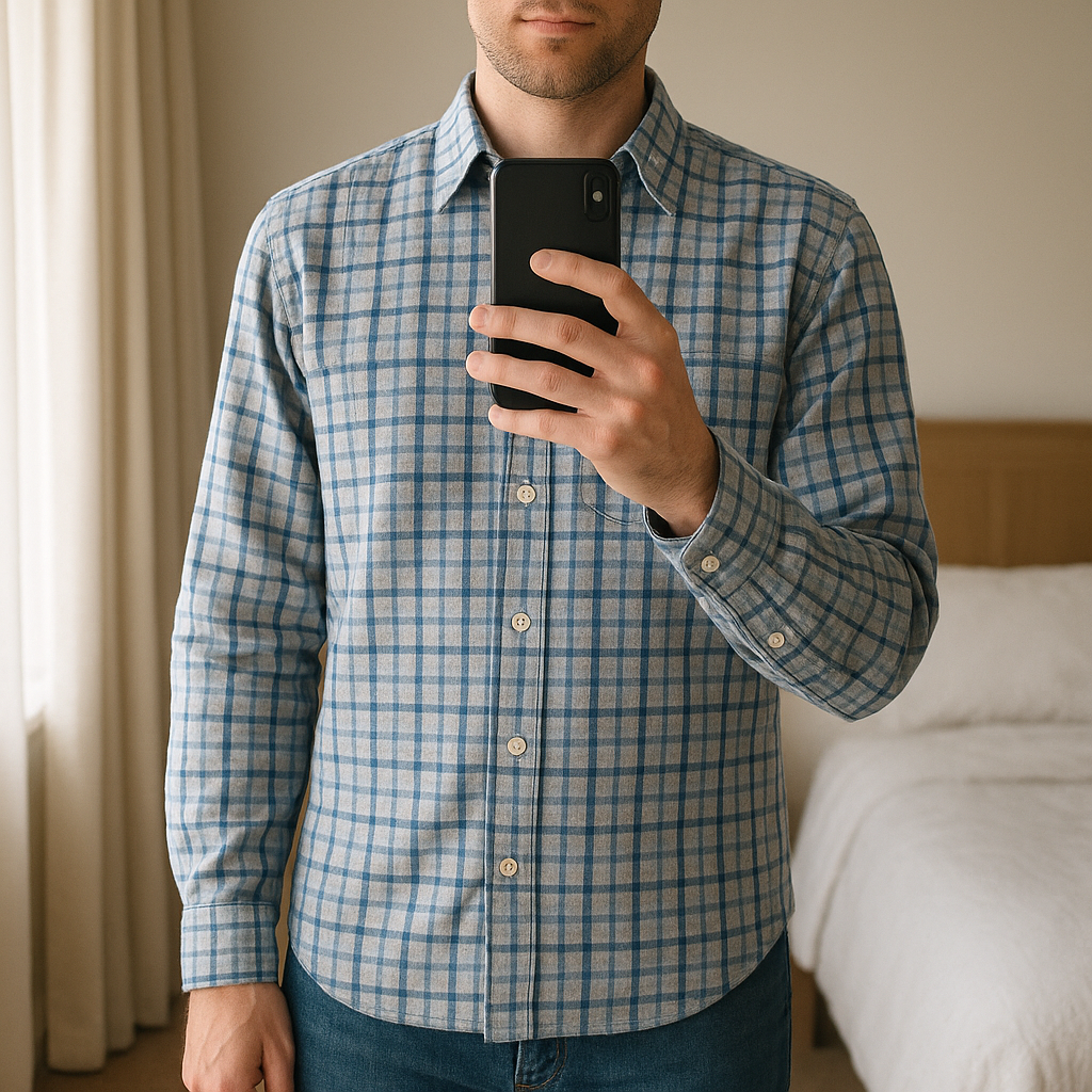 Tommy Hilfiger Men’s Blue Check Trim Fit 100% Cotton Shirt ~ XL standing straight facing the camera, in a softly lit bedroom setting, with gentle natural light filtering through a window.