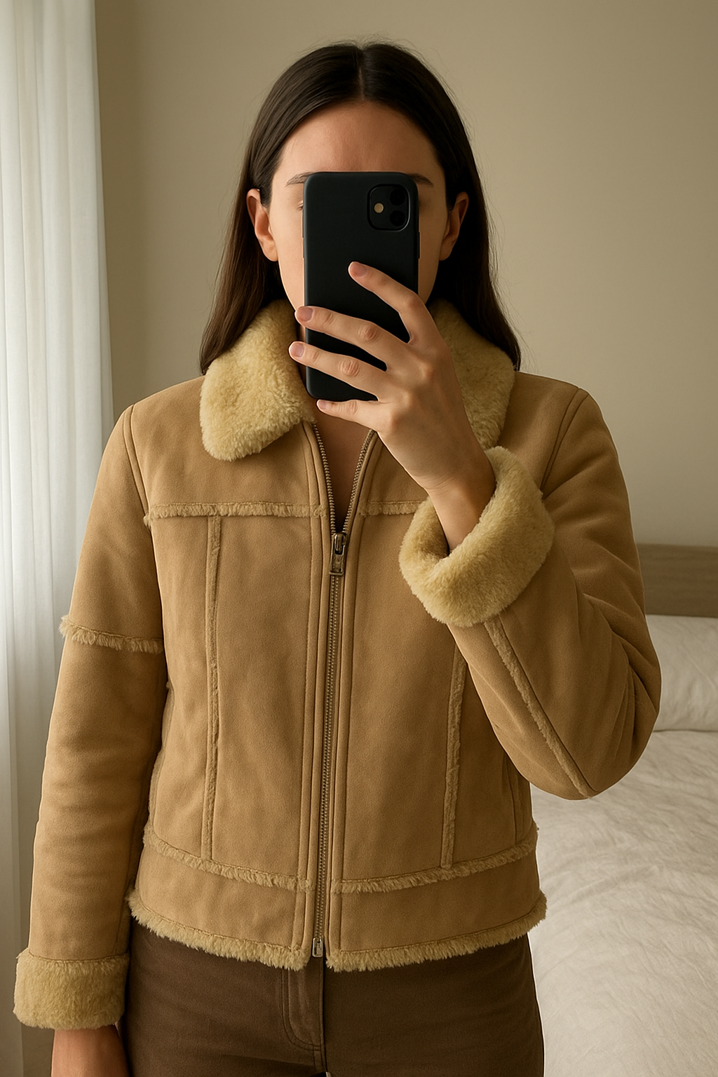 Veste hiver beige Femme debout, face à la caméra, dans une chambre à la lumière douce, avec une lumière naturelle filtrant par la fenêtre.