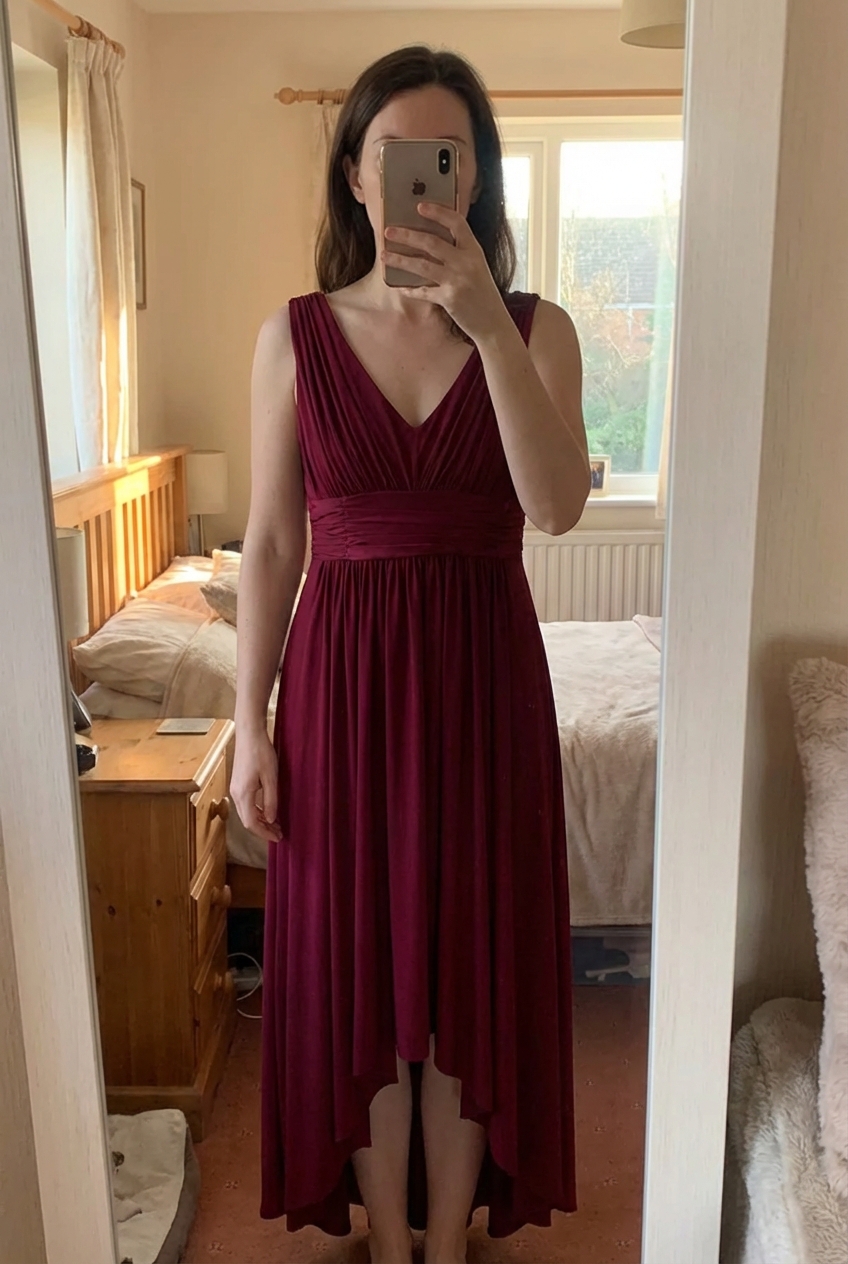 Bridesmaid Wedding Formal Dress Dip Hem standing straight facing the camera, in a softly lit bedroom setting, with gentle natural light filtering through a window.