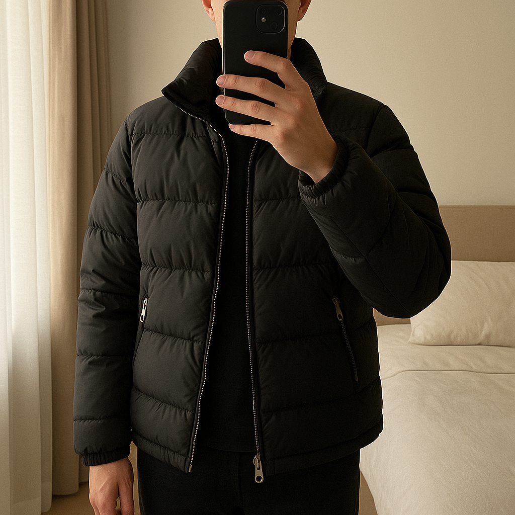 Topshop Black coat for winter standing straight facing the camera, in a softly lit bedroom setting, with gentle natural light filtering through a window.