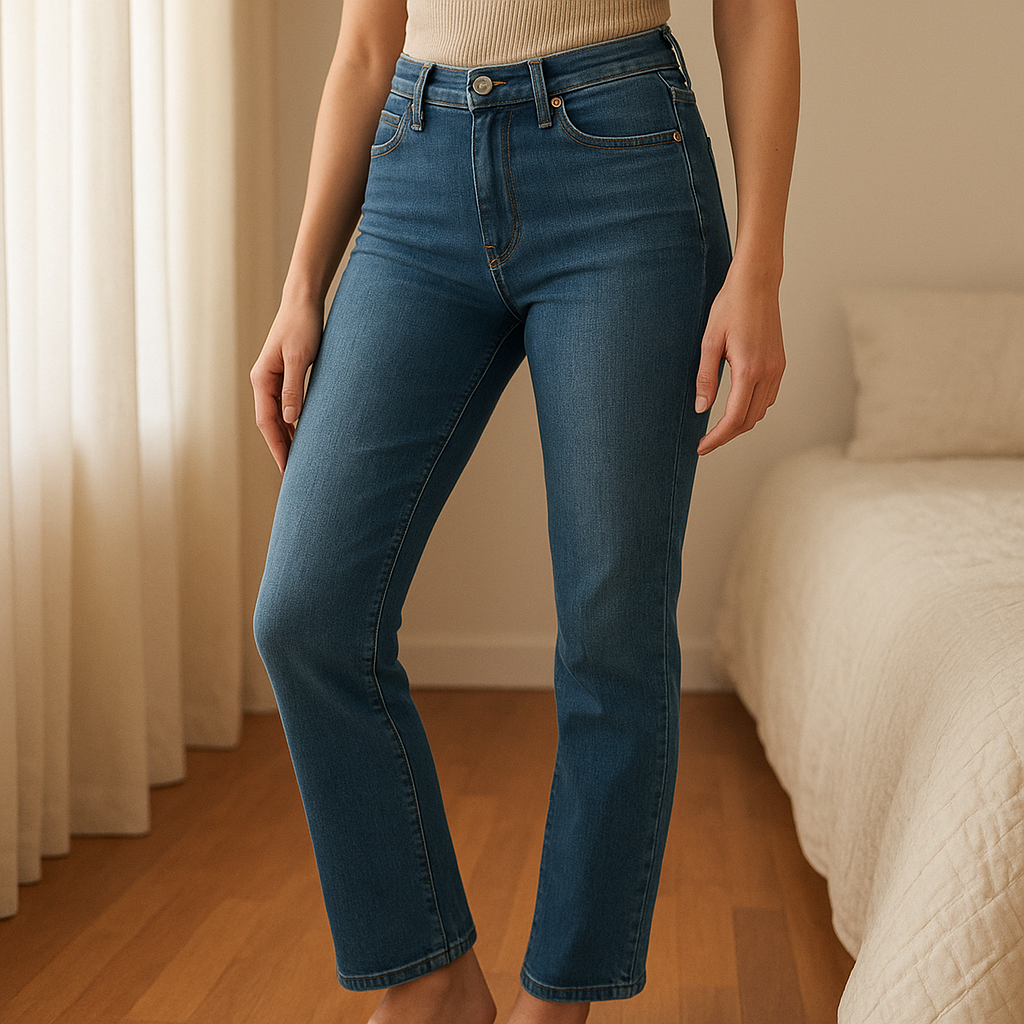 Una persona in Jeans femme 38 inarcando leggermente la schiena per una posa dinamica, in una camera da letto con luce soffusa e luce naturale che filtra dalla finestra.