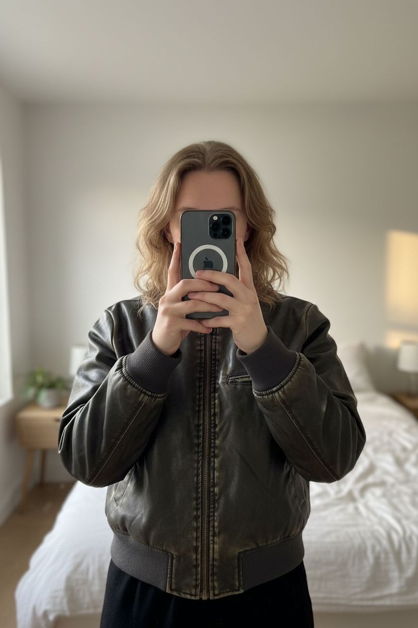 H&M Coated Distressed Padded Bomber Jacket Size Large standing straight facing the camera, in a softly lit bedroom setting, with gentle natural light filtering through a window.