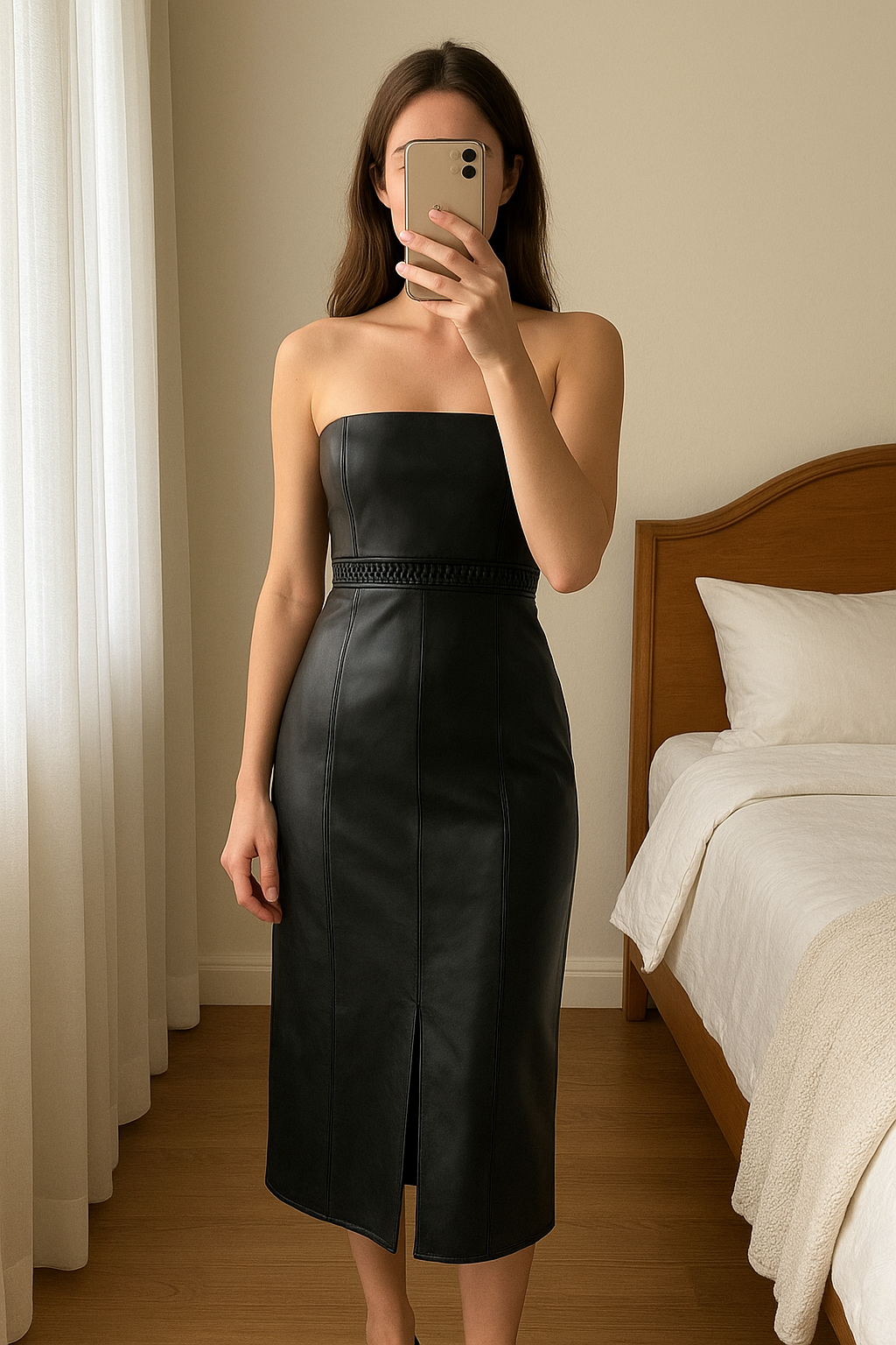 Abbey Clancy Pleather Dress standing straight facing the camera, in a softly lit bedroom setting, with gentle natural light filtering through a window.