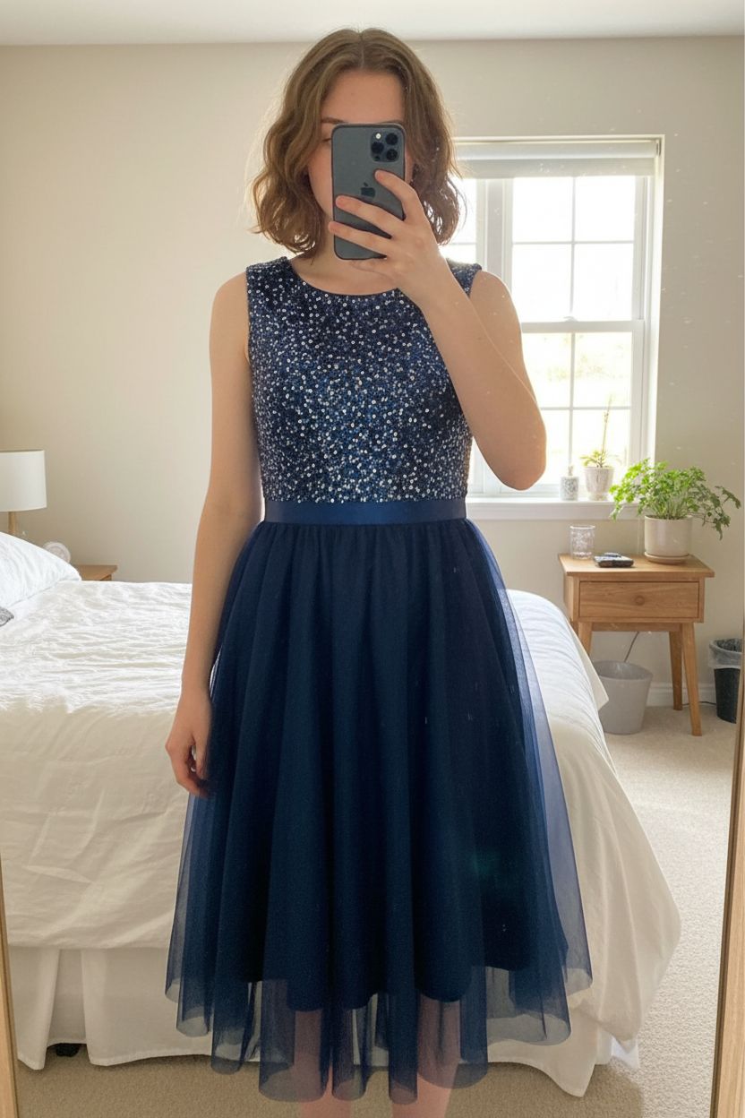 BerryLove Sequin Tulle Dress Navy Party Prom Fit Flare Midi Size S BNWT standing straight facing the camera, in a softly lit bedroom setting, with gentle natural light filtering through a window.