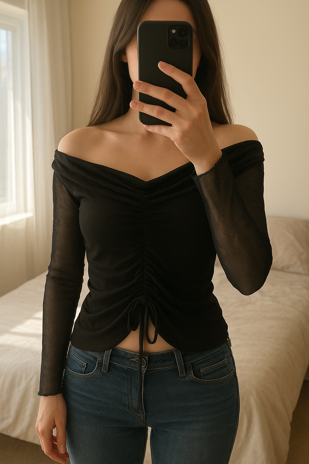 Haut taille s debout, face à la caméra, dans une chambre à la lumière douce, avec une lumière naturelle filtrant par la fenêtre.