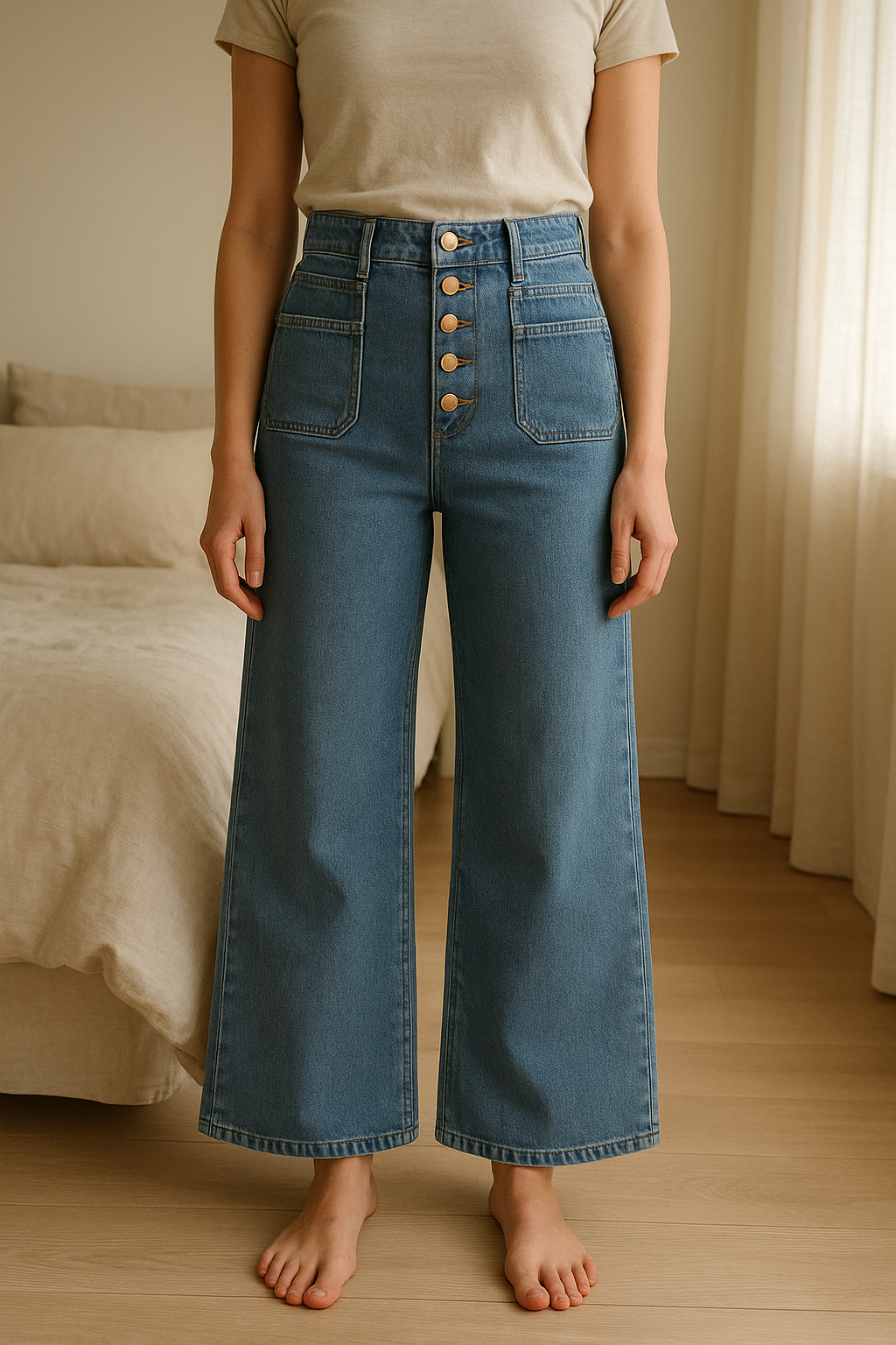 Jean / pantalon large Zara, boutons devant, 36 debout, face à la caméra, dans une chambre à la lumière douce, avec une lumière naturelle filtrant par la fenêtre.