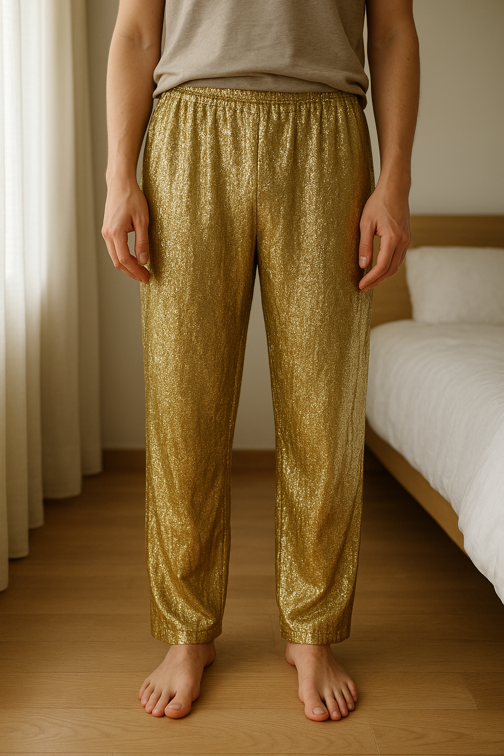 Mes Demoiselles – pantalon lamé doré fluide T36 (valeur env. 250€) debout, face à la caméra, dans une chambre à la lumière douce, avec une lumière naturelle filtrant par la fenêtre.