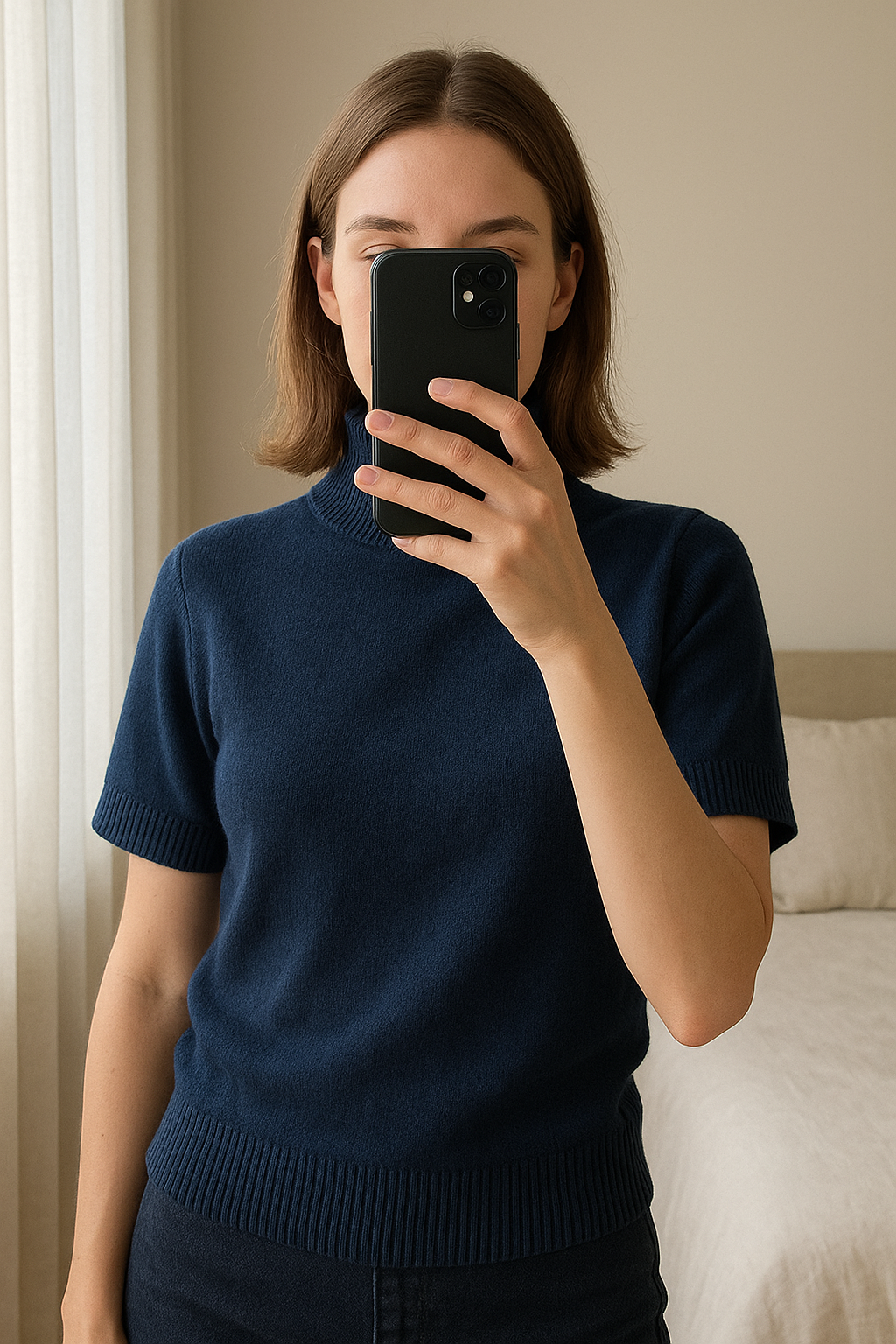 Oversized coltrui met korte mouwen - GAP - maat M - goed debout, face à la caméra, dans une chambre à la lumière douce, avec une lumière naturelle filtrant par la fenêtre.