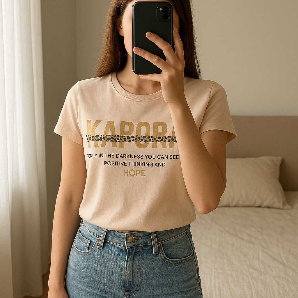 Tee-shirt Kaporal XS debout, face à la caméra, dans une chambre à la lumière douce, avec une lumière naturelle filtrant par la fenêtre.