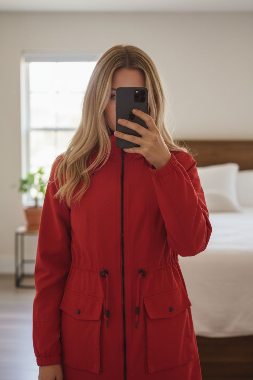 Ladies parka coat standing straight facing the camera, in a softly lit bedroom setting, with gentle natural light filtering through a window.