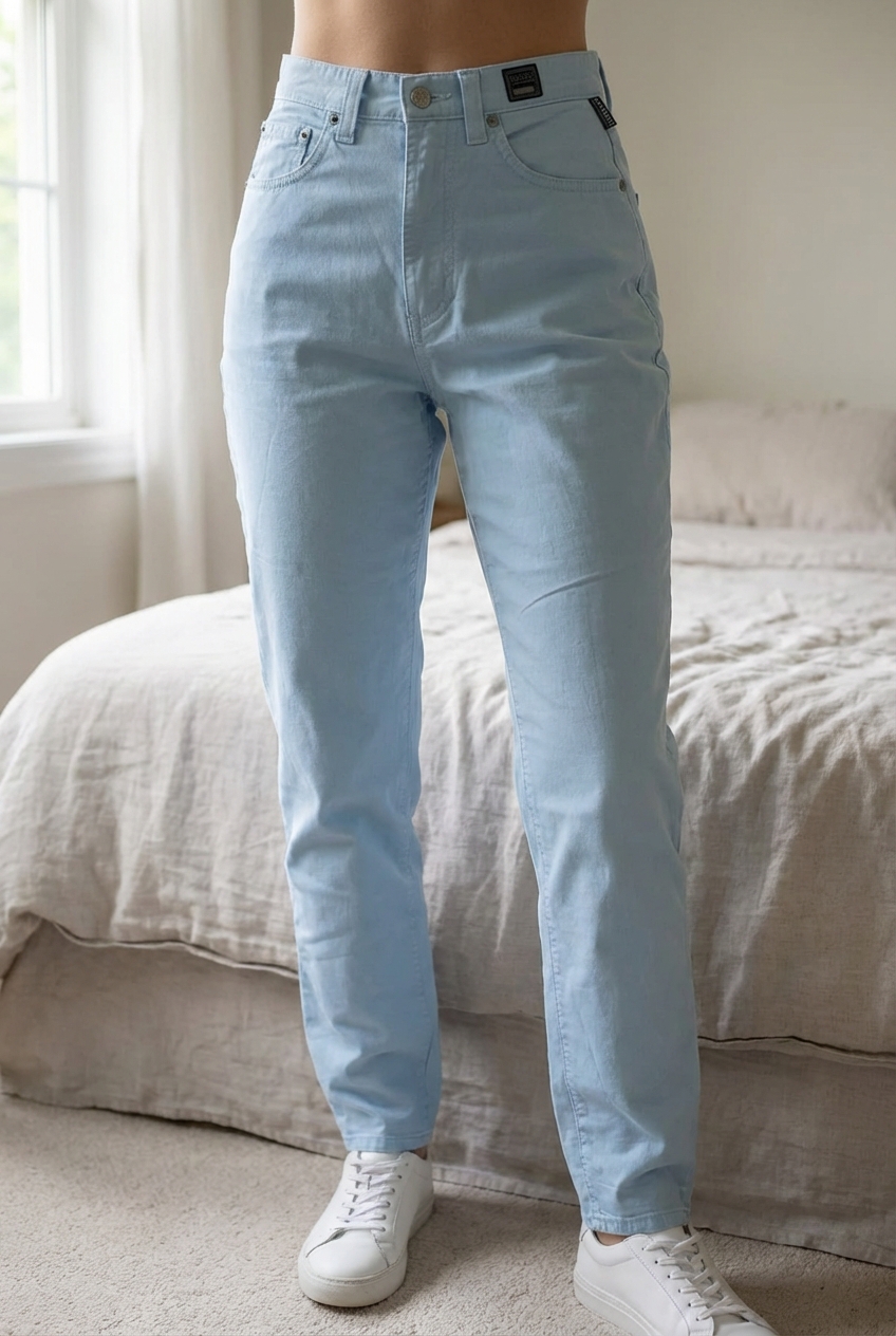 Versace Jeans – Light Blue | Designer Denim standing straight facing the camera, in a softly lit bedroom setting, with gentle natural light filtering through a window.