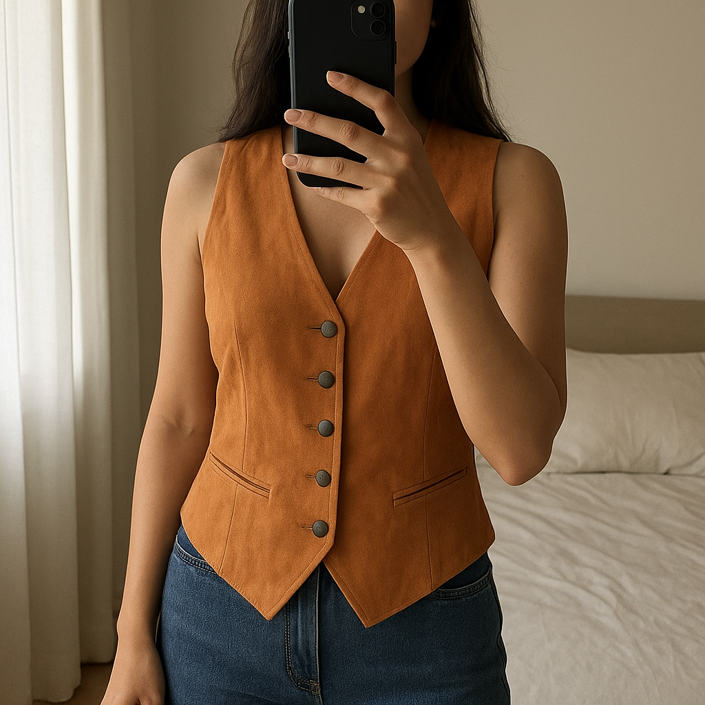 Panciotto in pelle scamosciata da donna in piedi, rivolto verso la fotocamera, in una camera da letto con luce soffusa e luce naturale che filtra dalla finestra.