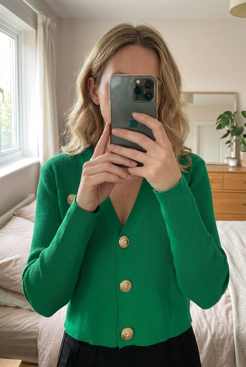 Cardigan crop in piedi, rivolto verso la fotocamera, in una camera da letto con luce soffusa e luce naturale che filtra dalla finestra.