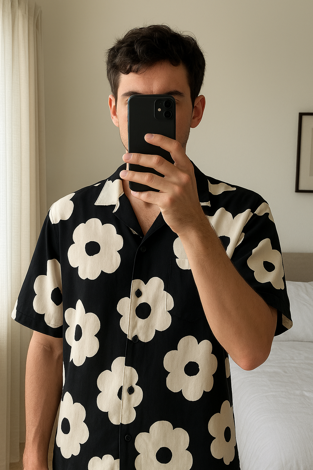 Chemise Pull&bBear debout, face à la caméra, dans une chambre à la lumière douce, avec une lumière naturelle filtrant par la fenêtre.