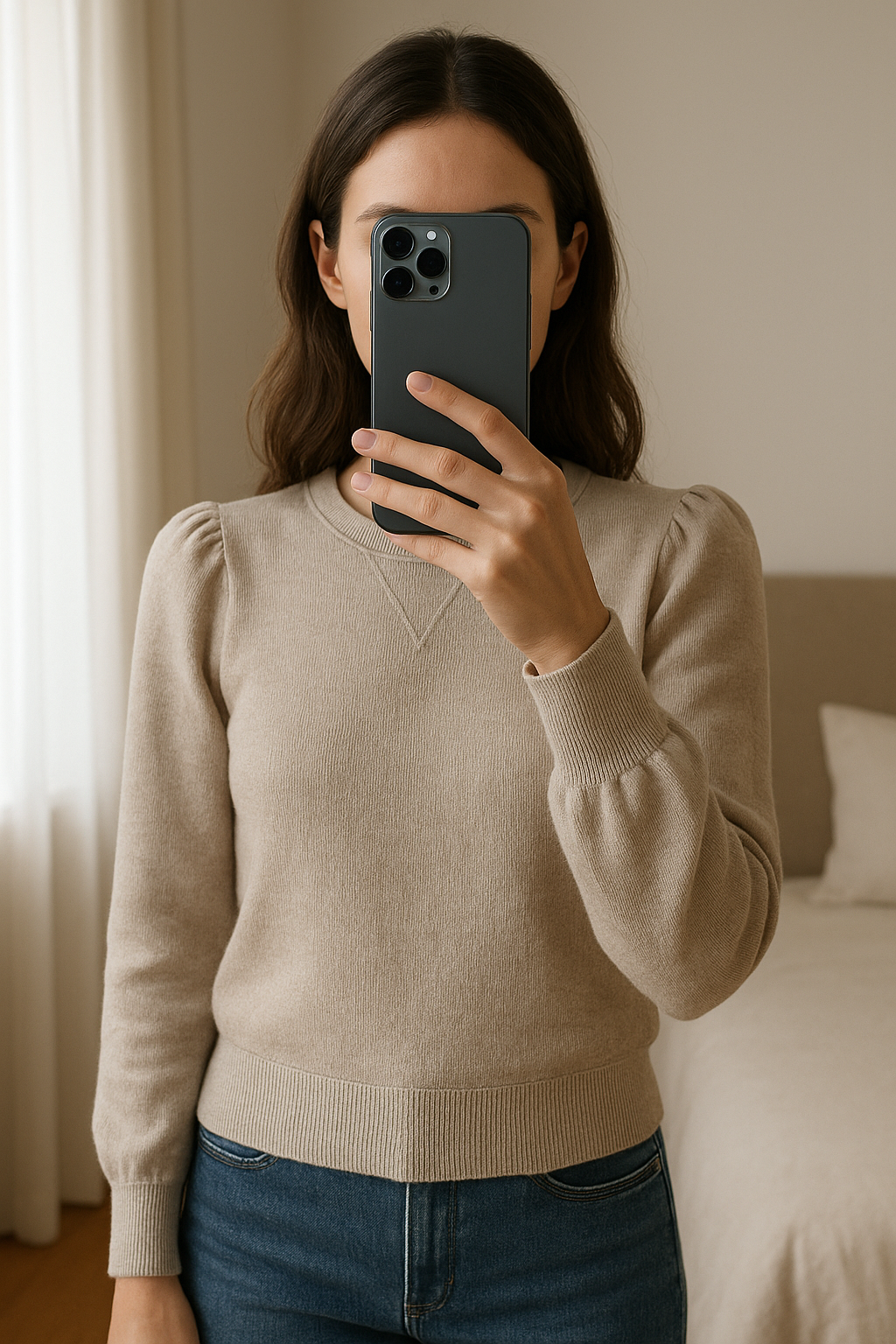 Pull Mango – Taille XS – Beige rosé debout, face à la caméra, dans une chambre à la lumière douce, avec une lumière naturelle filtrant par la fenêtre.