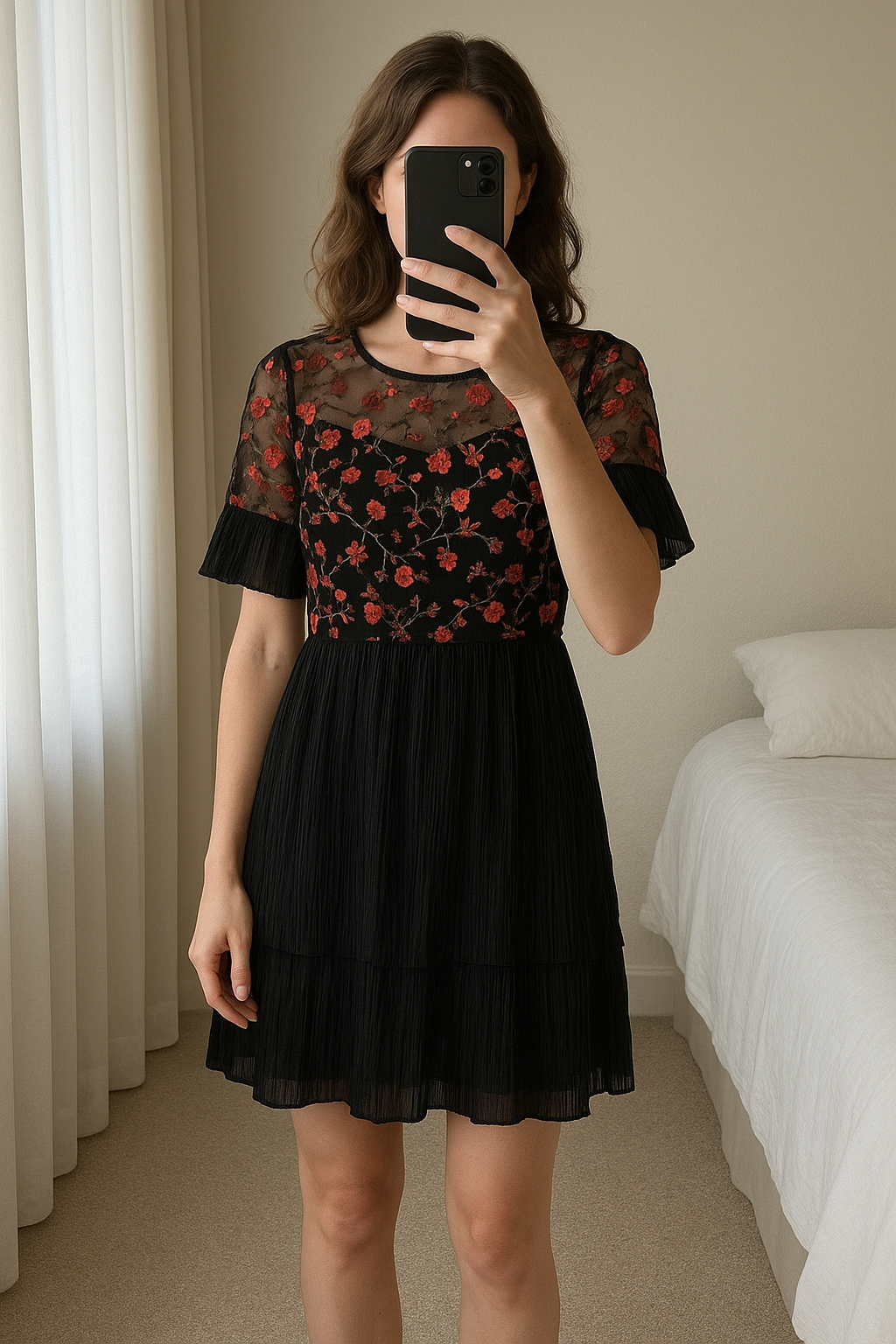 Plus size Beautiful embroidered & plisse dress uk 28 standing straight facing the camera, in a softly lit bedroom setting, with gentle natural light filtering through a window.