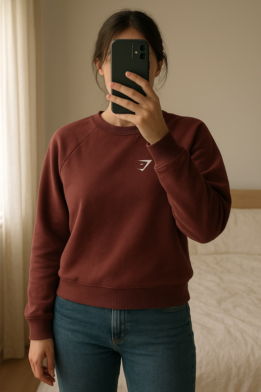 Pull court Gymshark neuf debout, face à la caméra, dans une chambre à la lumière douce, avec une lumière naturelle filtrant par la fenêtre.