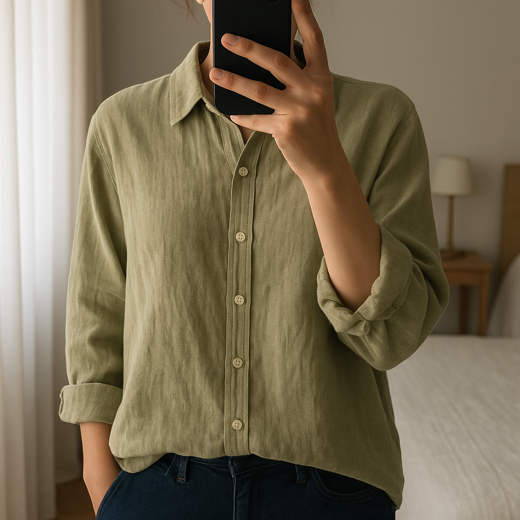 Chemise kaki en lin/coton Promod – Taille 38/40 – très bon état debout, face à la caméra, dans une chambre à la lumière douce, avec une lumière naturelle filtrant par la fenêtre.