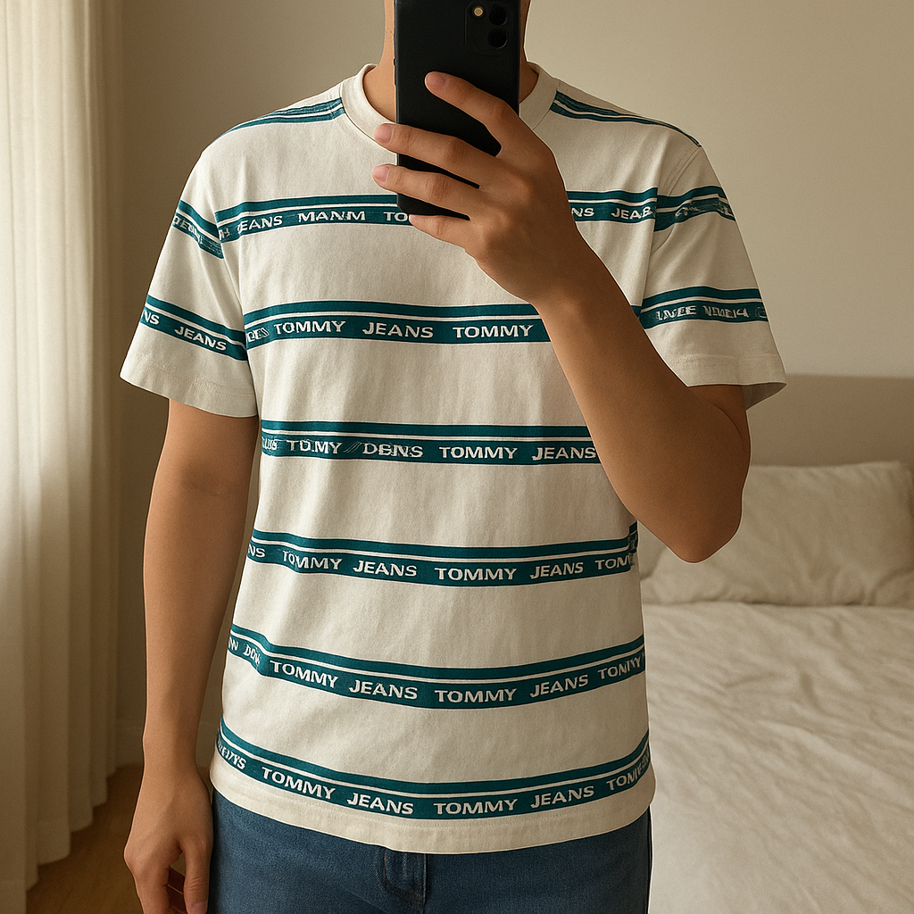 T-Shirt Tommy Jeans in piedi, rivolto verso la fotocamera, in una camera da letto con luce soffusa e luce naturale che filtra dalla finestra.