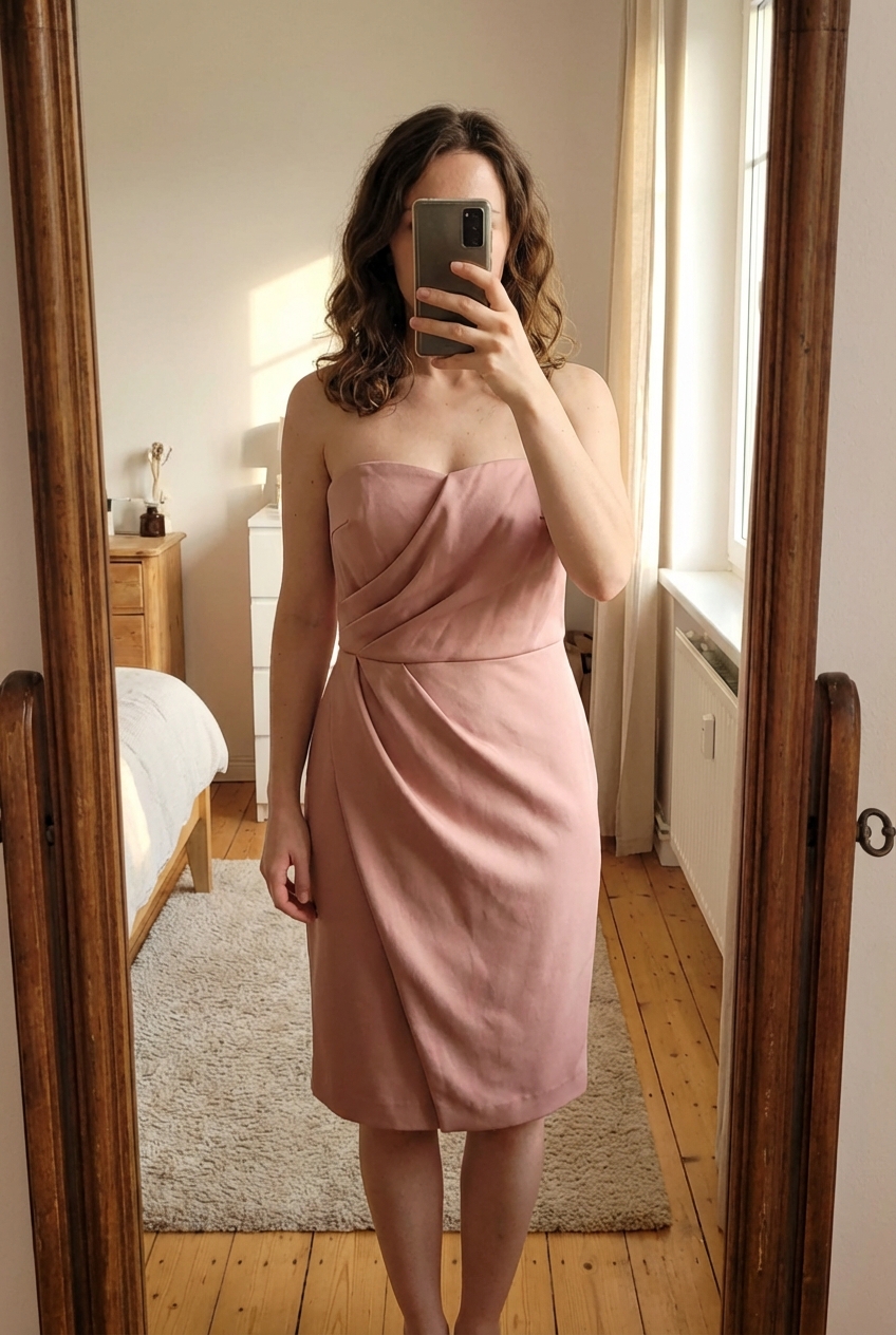 Sublime robe bustier 123 debout, face à la caméra, dans une chambre à la lumière douce, avec une lumière naturelle filtrant par la fenêtre.