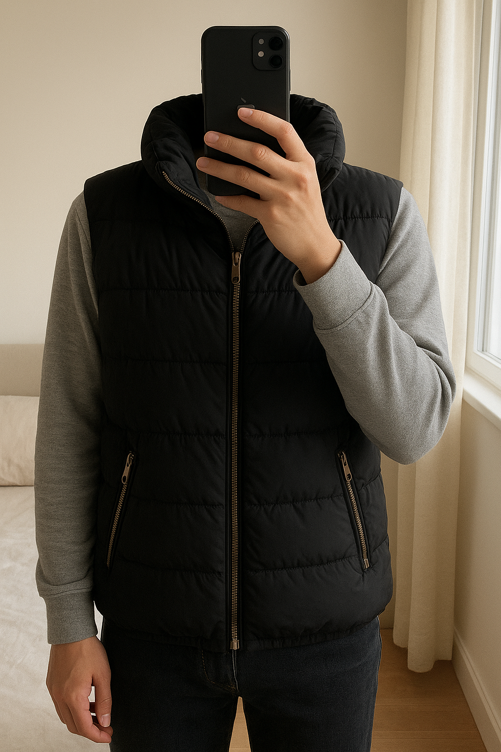 Veste sans manche debout, face à la caméra, dans une chambre à la lumière douce, avec une lumière naturelle filtrant par la fenêtre.