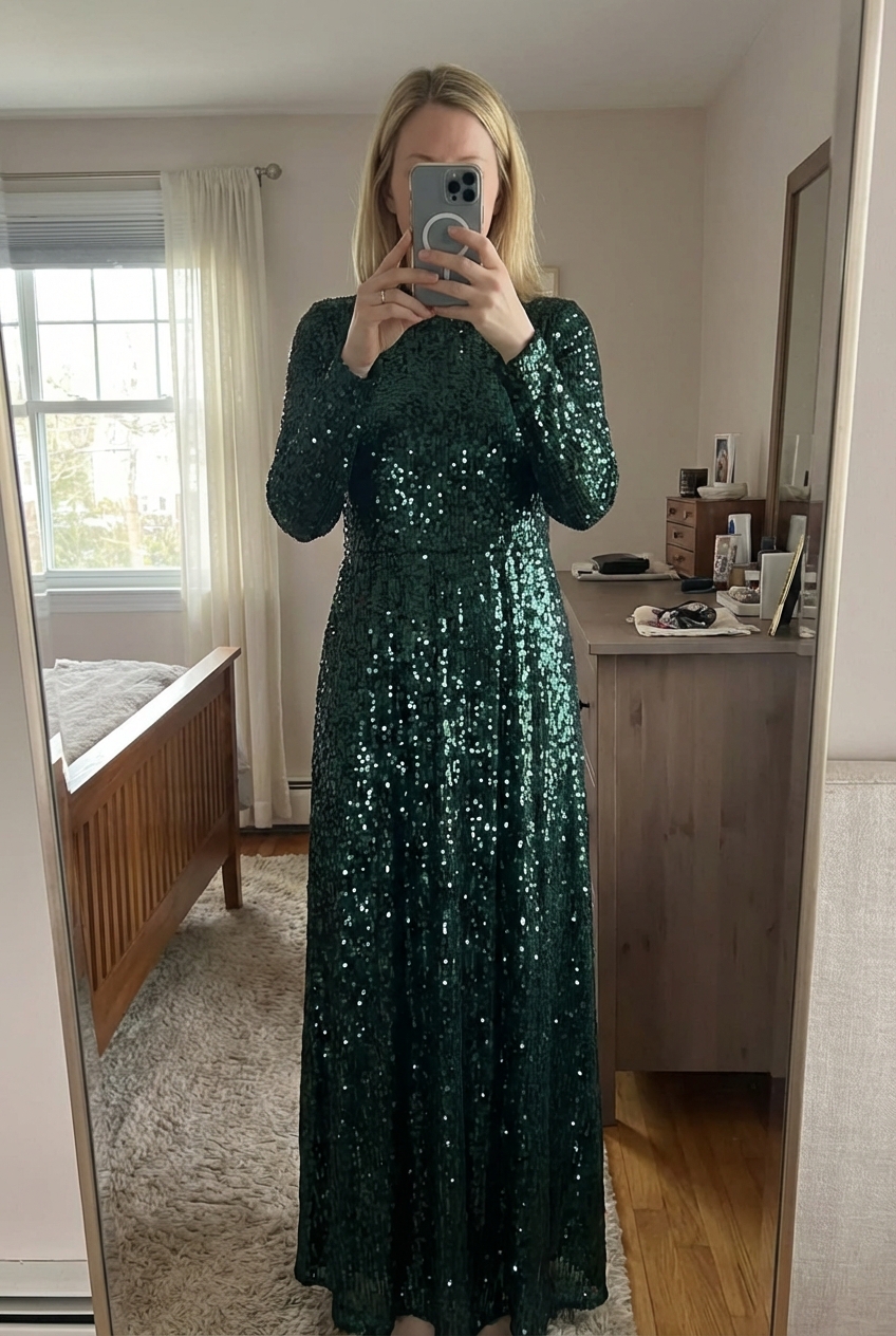 Whistles dark green sequin midi dress 12 standing straight facing the camera, in a softly lit bedroom setting, with gentle natural light filtering through a window.