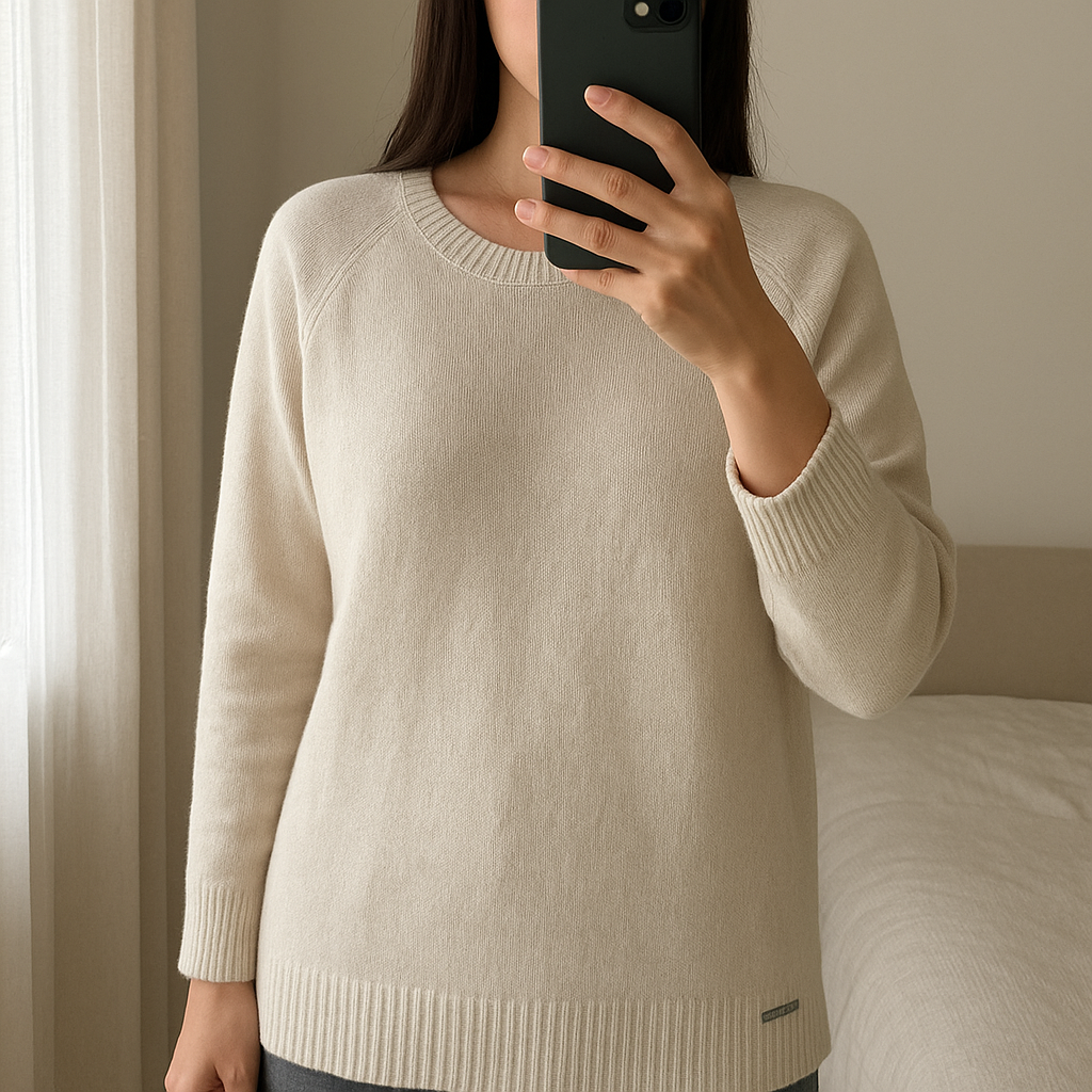 Maglione Woolrich in piedi, rivolto verso la fotocamera, in una camera da letto con luce soffusa e luce naturale che filtra dalla finestra.