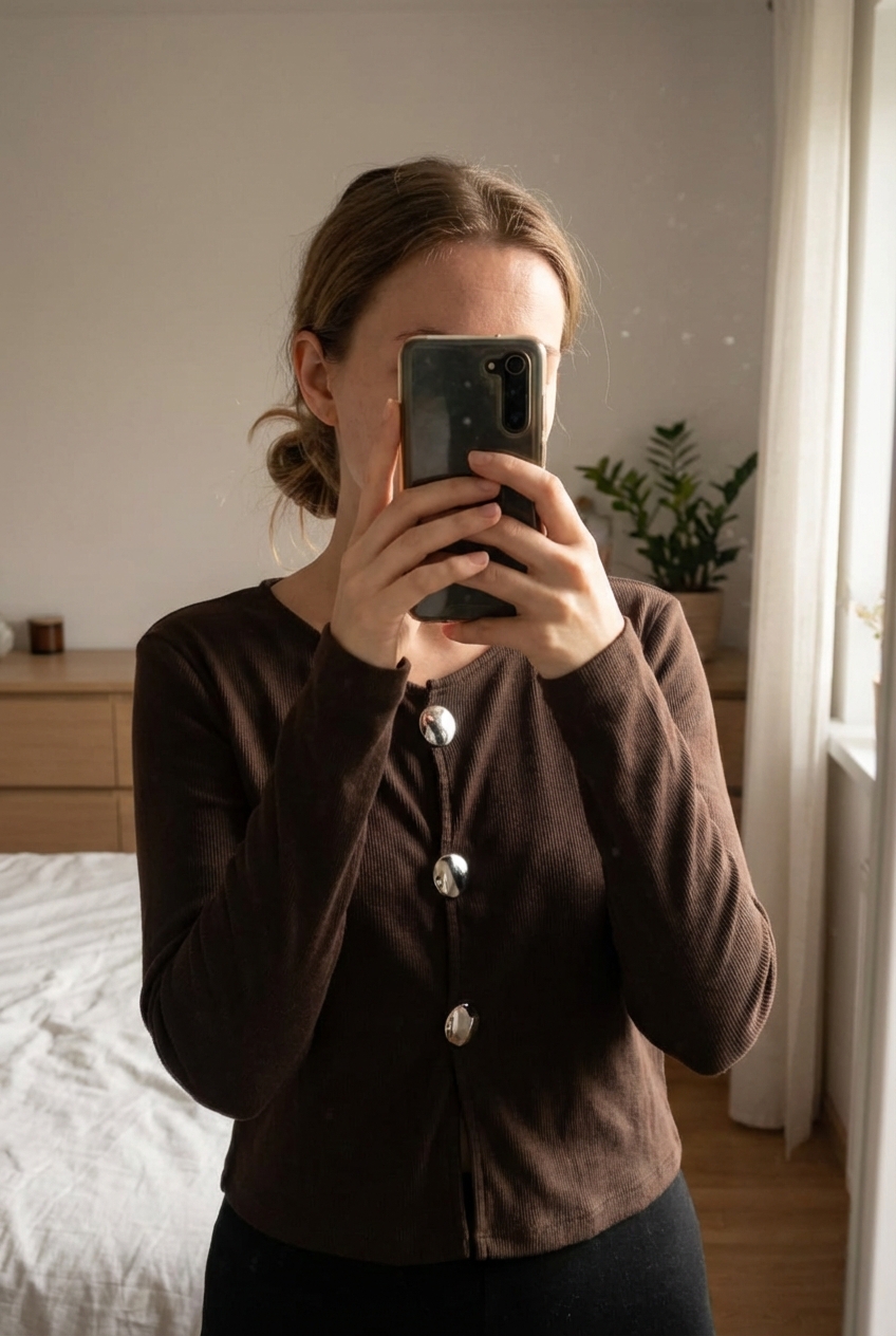 Crop top H&M marron de pie, mirando a la cámara, en un dormitorio con luz suave y natural filtrándose por la ventana.