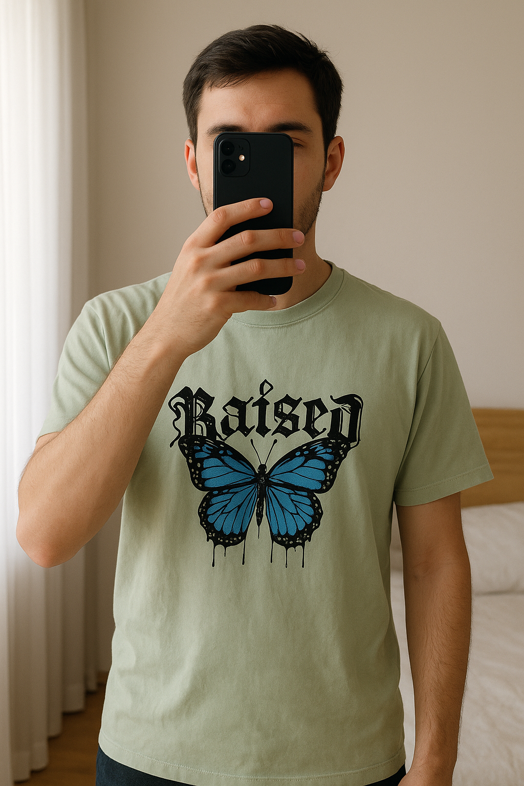 T shirt terranova debout, face à la caméra, dans une chambre à la lumière douce, avec une lumière naturelle filtrant par la fenêtre.