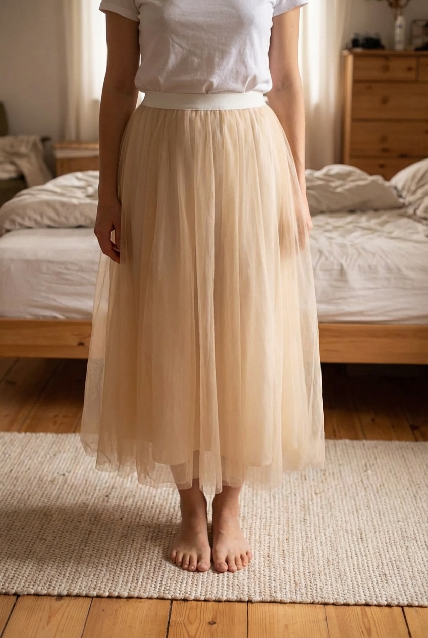 Jupe beige à tulle debout, face à la caméra, dans une chambre à la lumière douce, avec une lumière naturelle filtrant par la fenêtre.