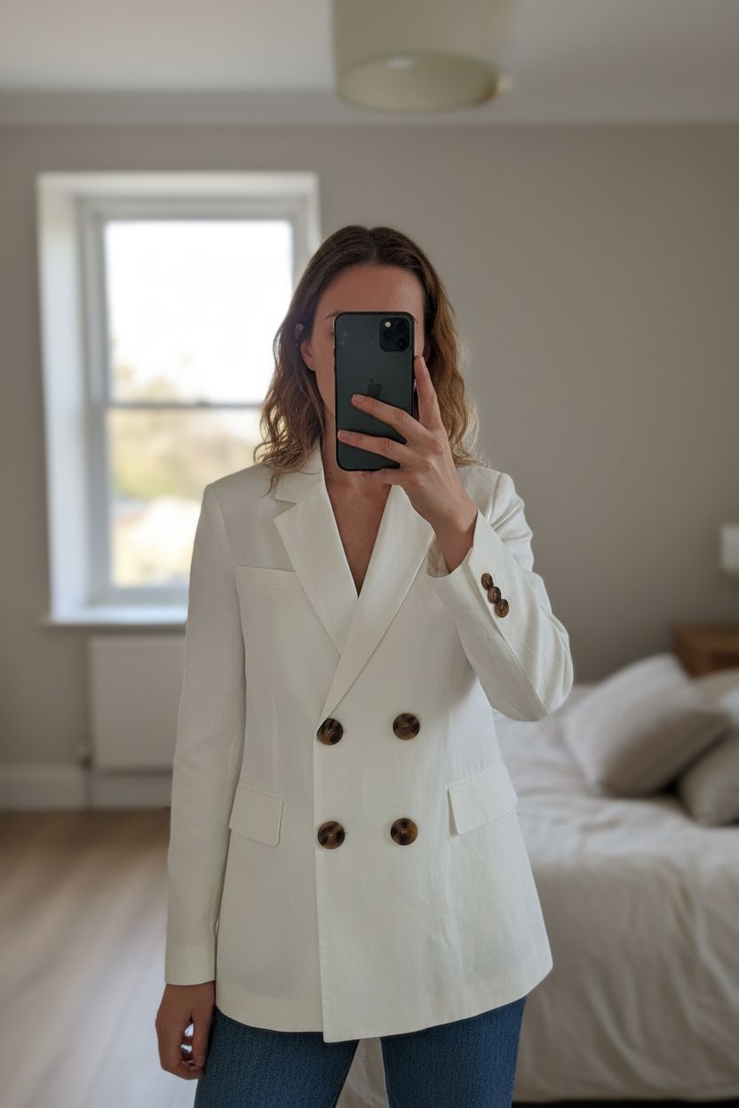 Massimo Dutti Jacket standing straight facing the camera, in a softly lit bedroom setting, with gentle natural light filtering through a window.