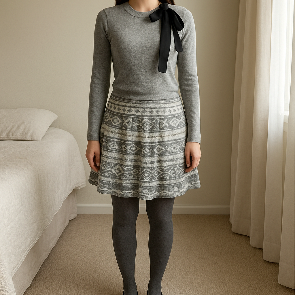 Mango🩷 leichter Strickpulli Schleife Feinstrickpulli Herbstpulli hellgrau grau Herbst Gr. M aufrecht stehend, der Kamera zugewandt, in einem sanft beleuchteten Schlafzimmer, mit natürlichem Licht, das durch ein Fenster fällt.