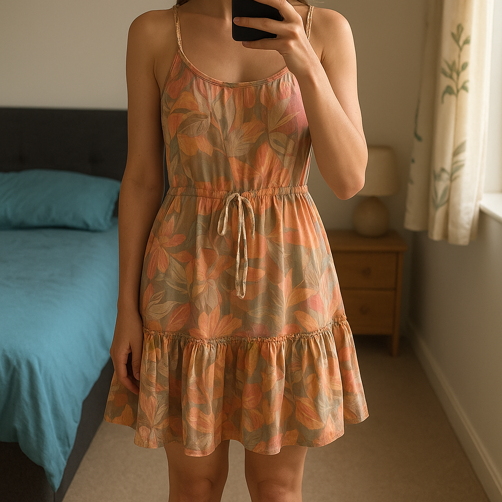 Free People deserted island min, size large standing straight facing the camera, in a softly lit bedroom setting, with gentle natural light filtering through a window.