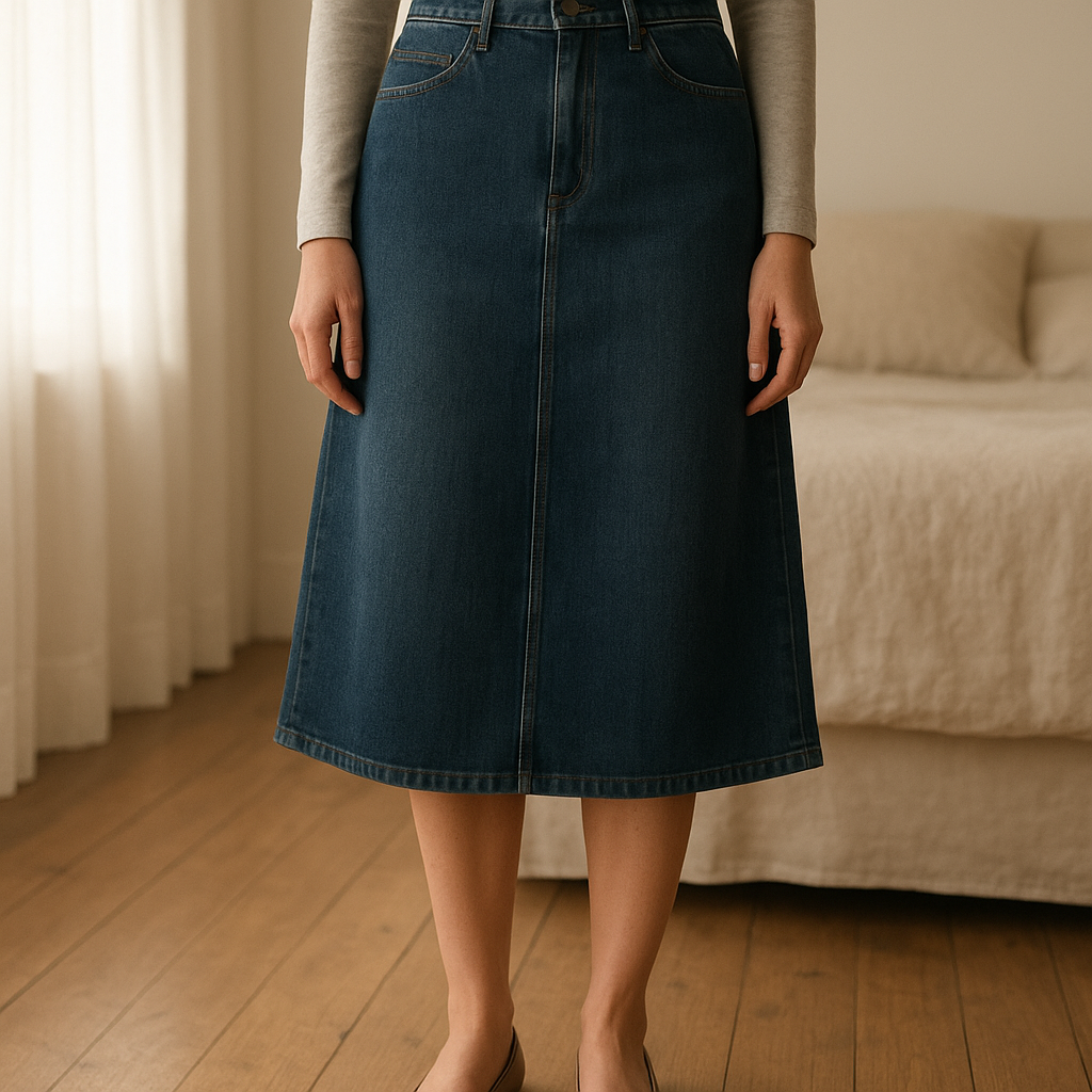 Denim skirt Jigsaw standing straight facing the camera, in a softly lit bedroom setting, with gentle natural light filtering through a window.