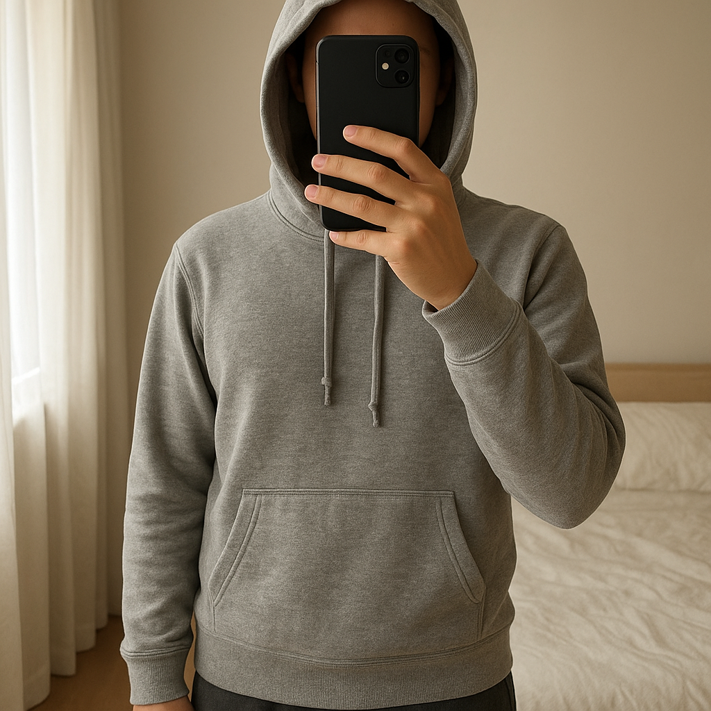 Sweat à capuche basique gris chiné - Taille M debout, face à la caméra, dans une chambre à la lumière douce, avec une lumière naturelle filtrant par la fenêtre.