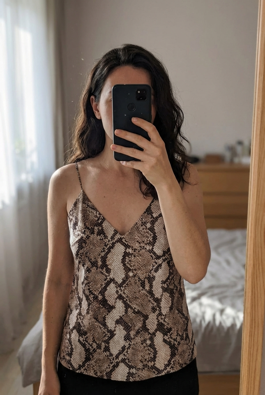Top motif serpent satiné à fines bretelles H&M Taille 34 debout, face à la caméra, dans une chambre à la lumière douce, avec une lumière naturelle filtrant par la fenêtre.