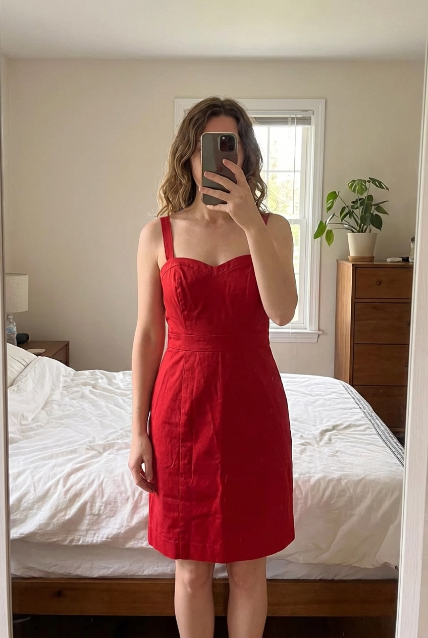 Vestido rojo ajustado de pie, mirando a la cámara, en un dormitorio con luz suave y natural filtrándose por la ventana.