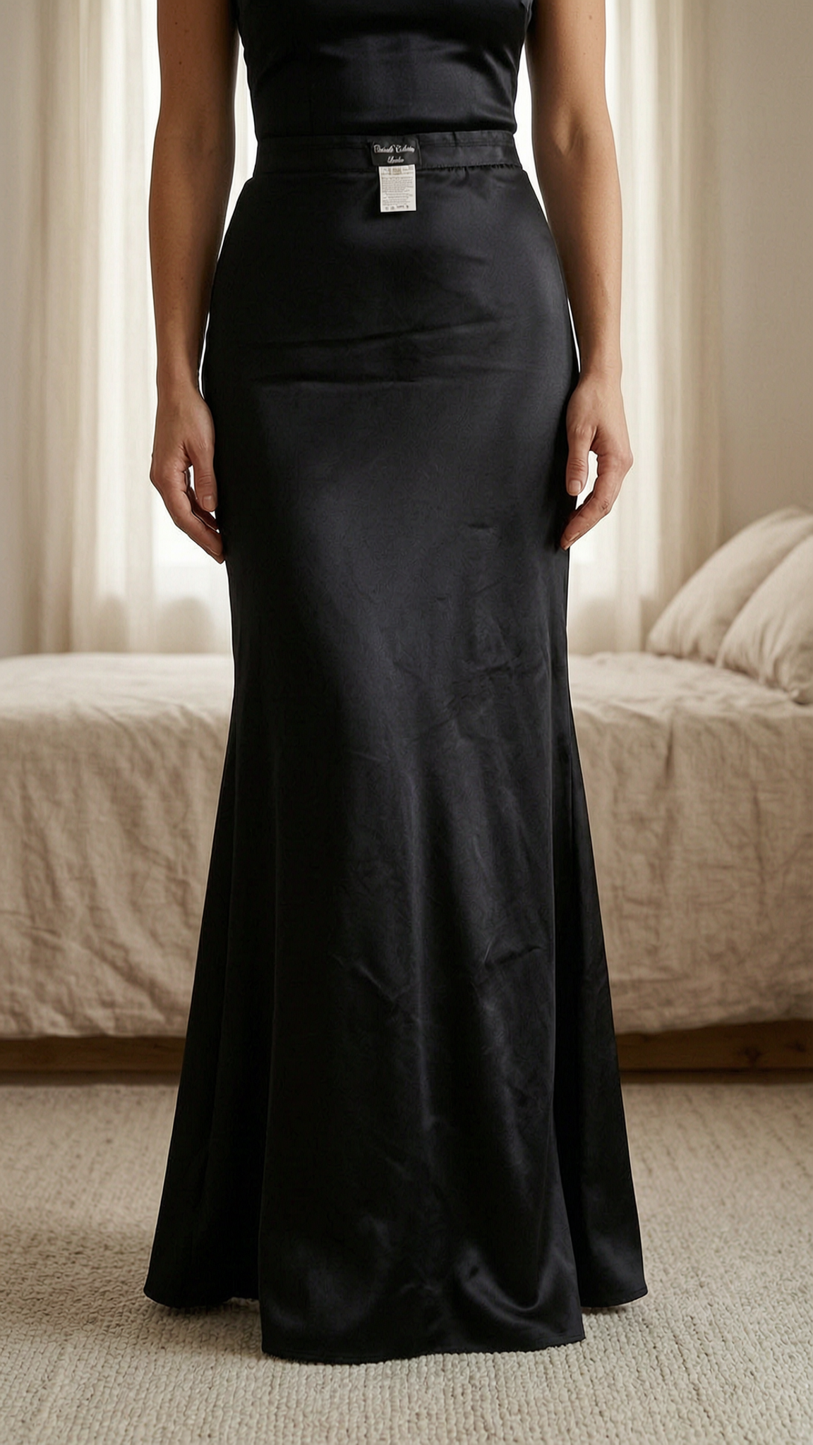A person in Catwalk Collection London Black Maxi Skirt | UK 8 standing straight facing the camera, in a softly lit bedroom setting, with gentle natural light filtering through a window.