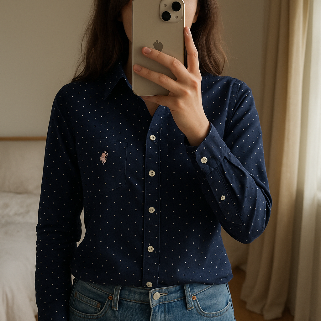 Chemisier femme polo taille M debout, face à la caméra, dans une chambre à la lumière douce, avec une lumière naturelle filtrant par la fenêtre.