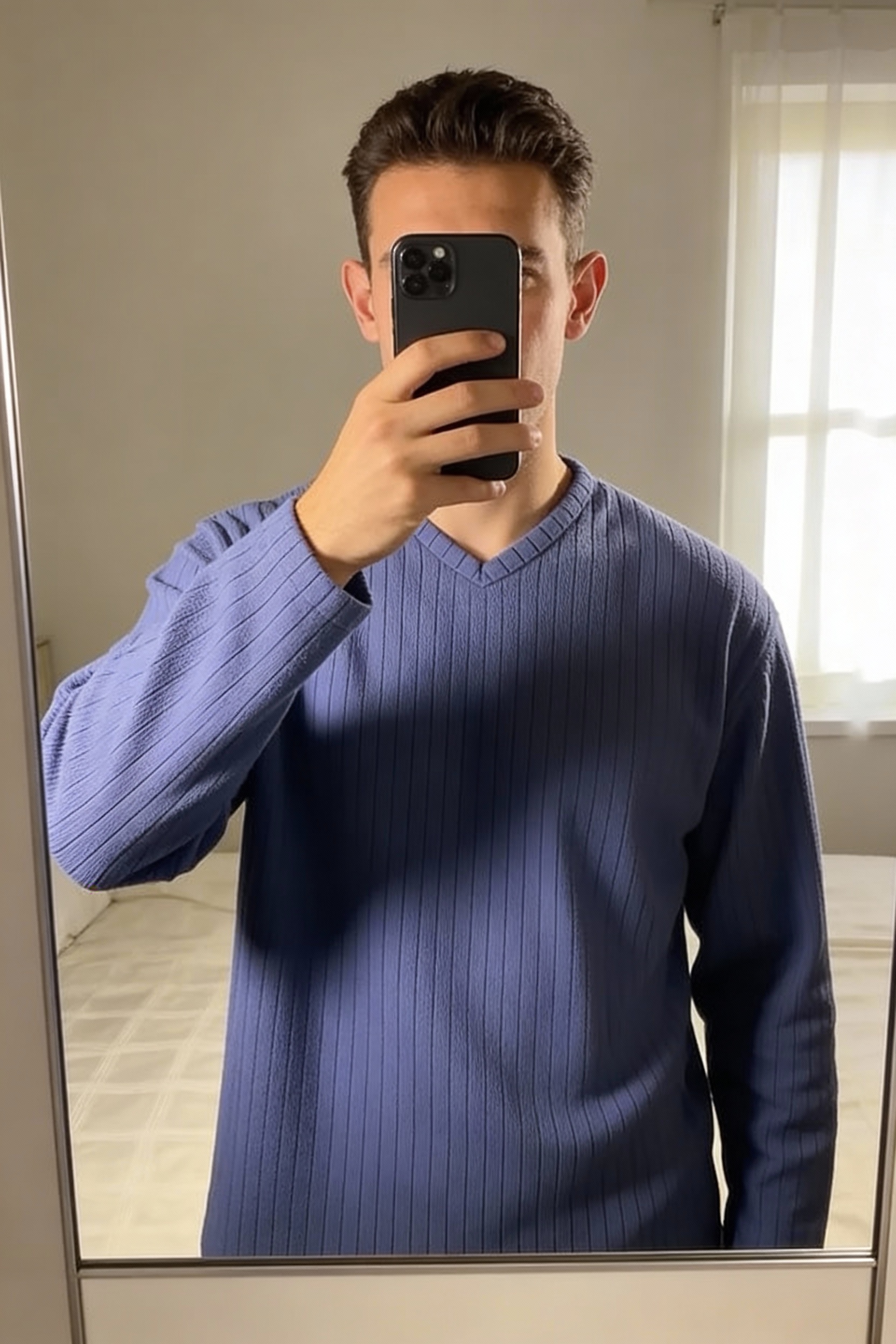 Vintage Ribbed V-Neck Jumper Blue Size L standing straight facing the camera, in a softly lit bedroom setting, with gentle natural light filtering through a window.