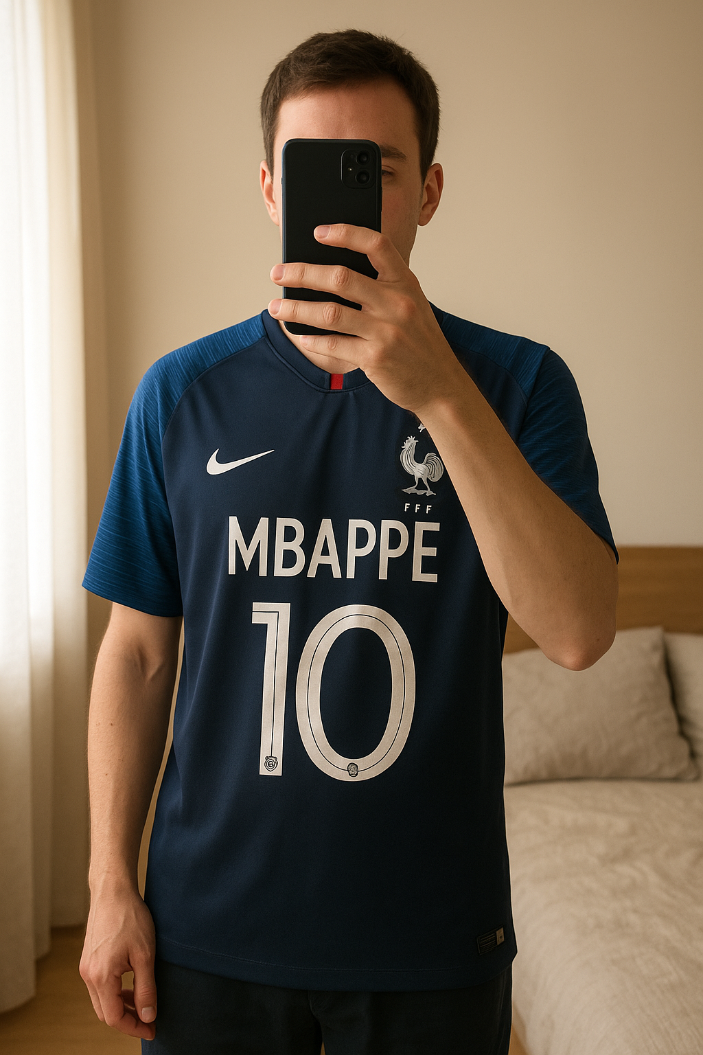 Maillot équipe de France football Mbappé debout, face à la caméra, dans une chambre à la lumière douce, avec une lumière naturelle filtrant par la fenêtre.
