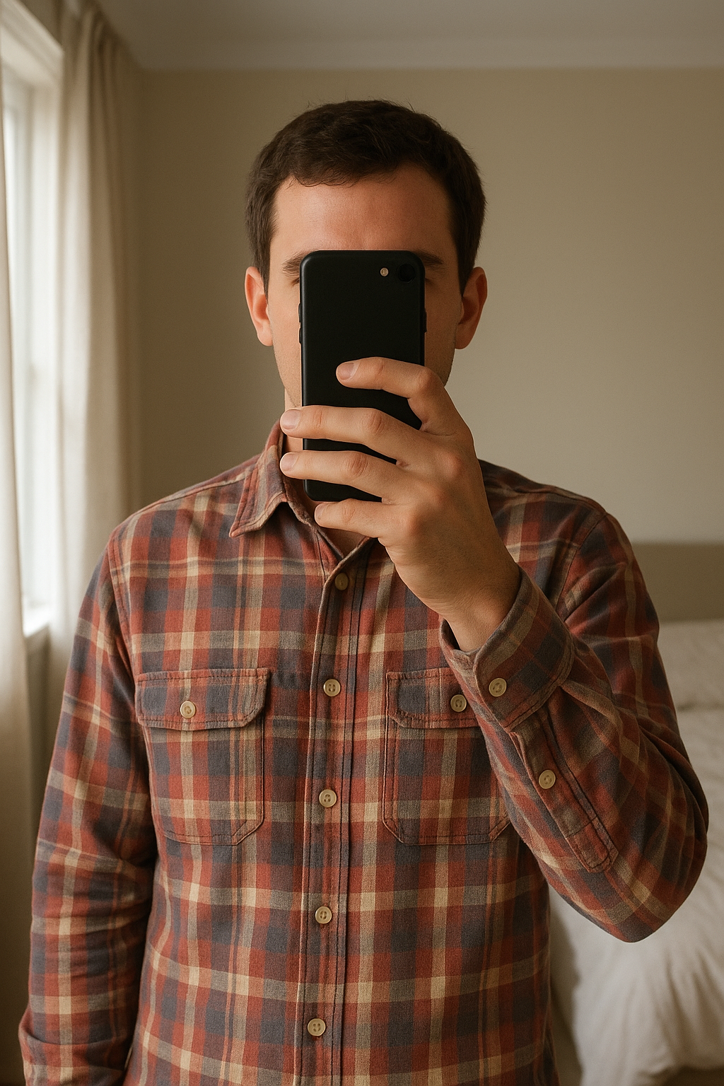 Chemise à carreaux solognac decathlon rouge debout, face à la caméra, dans une chambre à la lumière douce, avec une lumière naturelle filtrant par la fenêtre.