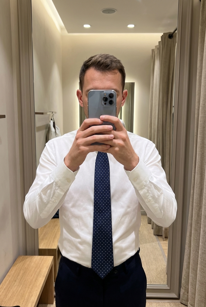 Una persona in Cravatta Andrea Conte – Raffinatezza Classica Made in Italy in piedi, rivolto verso la fotocamera, in un camerino in stile boutique con specchio e decorazioni neutre.