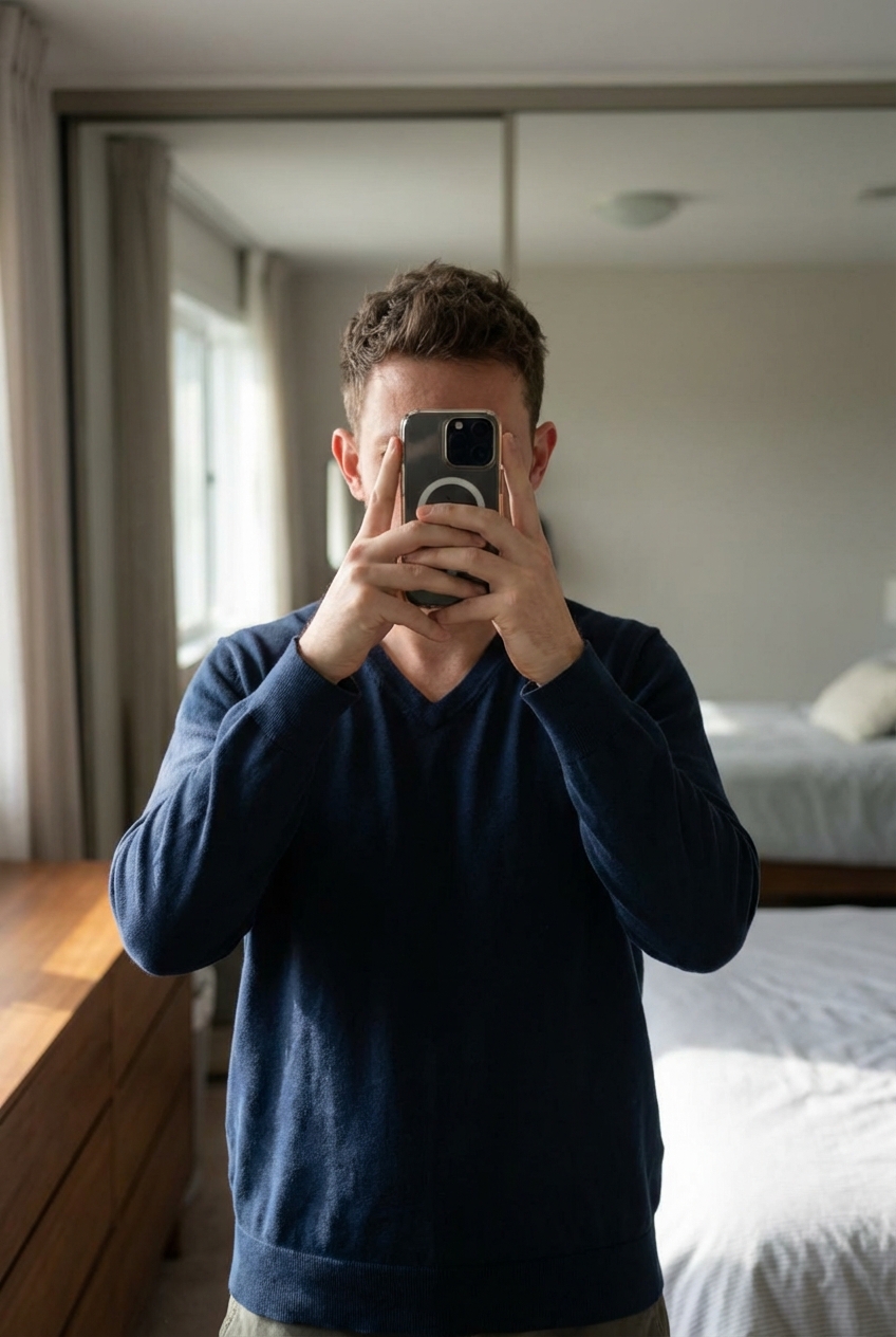 Pull Col V Vintage Y2K 100% Supima Coton Land's End Bleu Marine XL debout, face à la caméra, dans une chambre à la lumière douce, avec une lumière naturelle filtrant par la fenêtre.