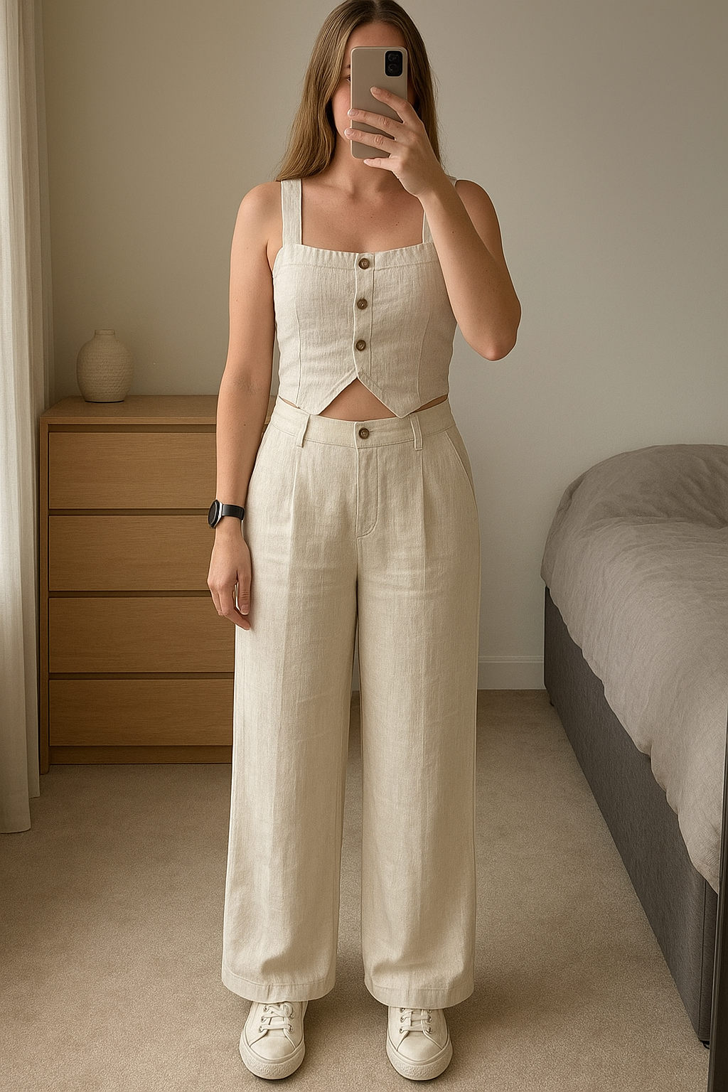 Set elegante da donna in piedi, rivolto verso la fotocamera, in una camera da letto con luce soffusa e luce naturale che filtra dalla finestra.