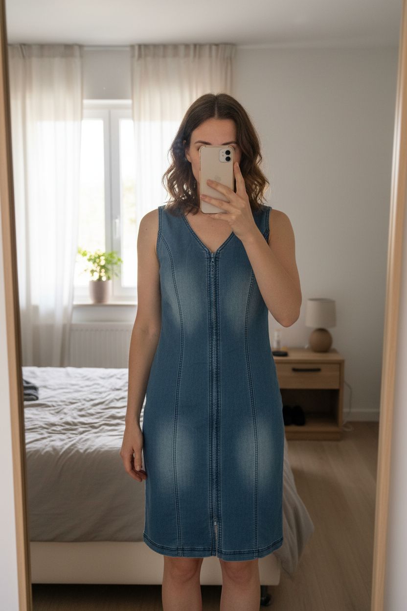 Robe en jean sans manches zippée taille 36 debout, face à la caméra, dans une chambre à la lumière douce, avec une lumière naturelle filtrant par la fenêtre.